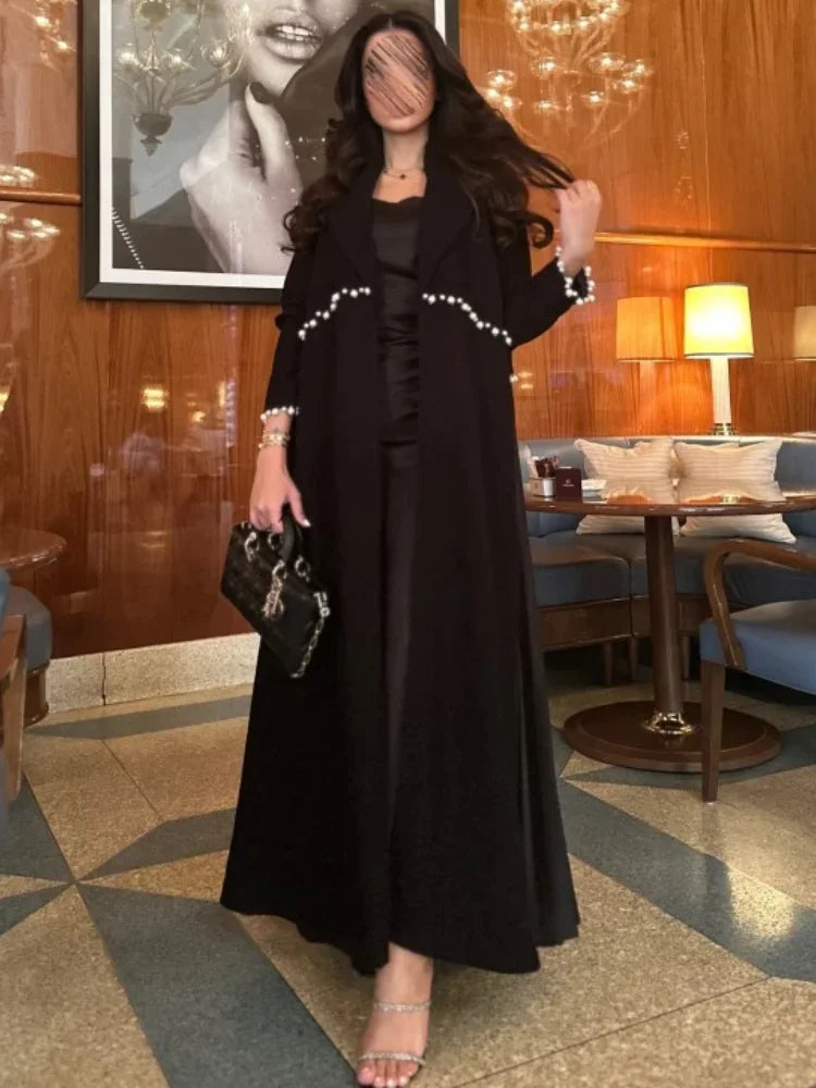 Elegant Muslim Pearl Abaya Beaded Cardigan with Pleated Long Dress